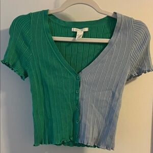Full Tilt Two-Tone Green and Blue Ribbed Crop Top